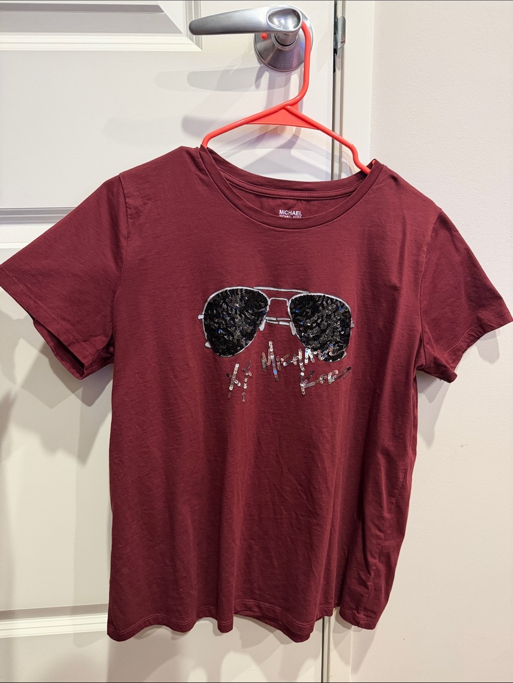 Michael Kors Maroon Tee with Sequin Aviator Graphic